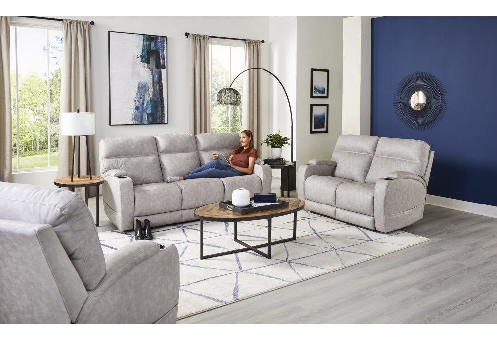 Double Reclining Pebble Triple Power Sofa with Cup Holders