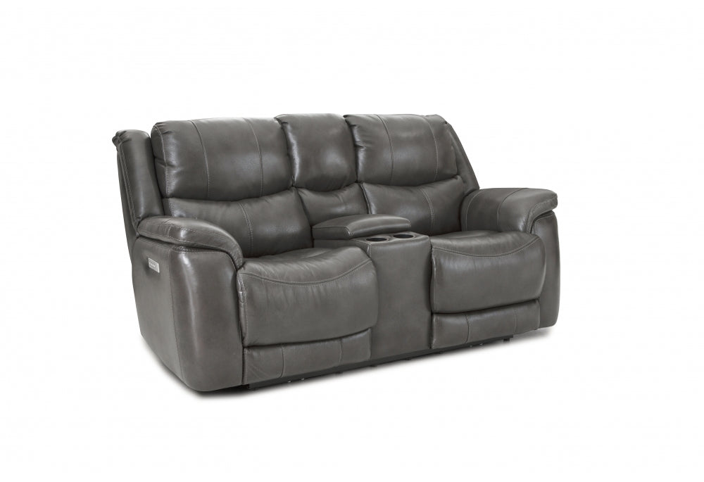 Double Reclining Grey Leather "Zero Gravity" Console Loveseat