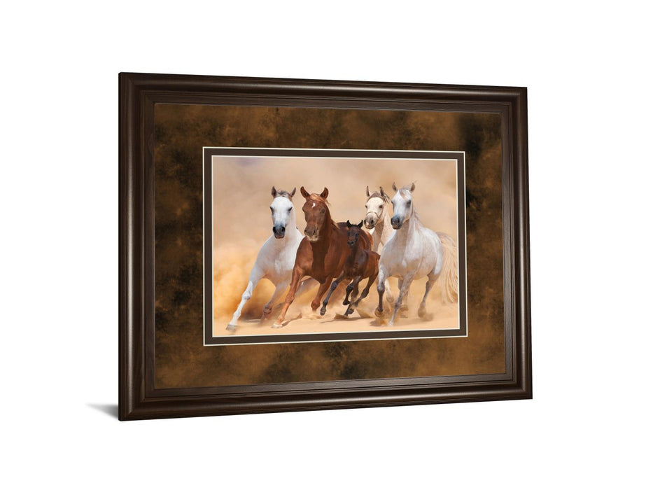 Horses In Dust By Loya_ya - Framed Print Wall Art - Dark Brown