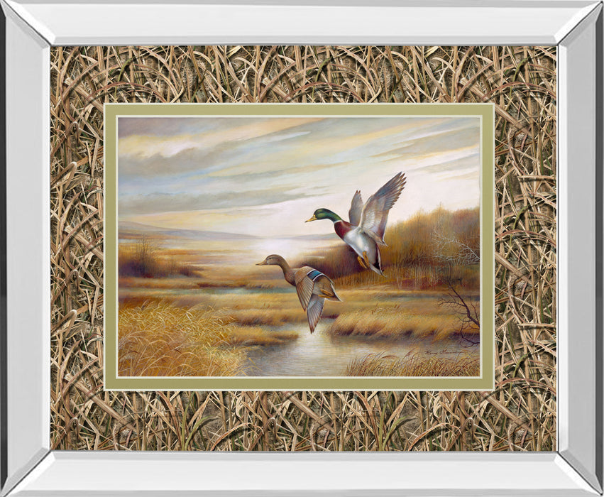 34x40 Mallards By Ruanne Manning And Mossy Oak Native Living - Mirror Framed Print Wall Art - Dark Brown