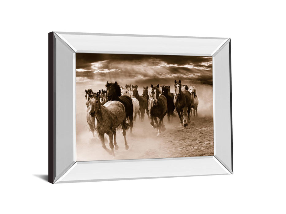 Running Horses By Monte Naglar - Mirror Framed Photo Print Wall Art - Dark Brown