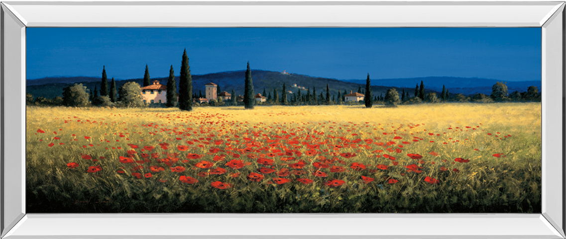 Tuscan Panorama-poppies By David Short - Mirrored Frame Wall Art - Blue