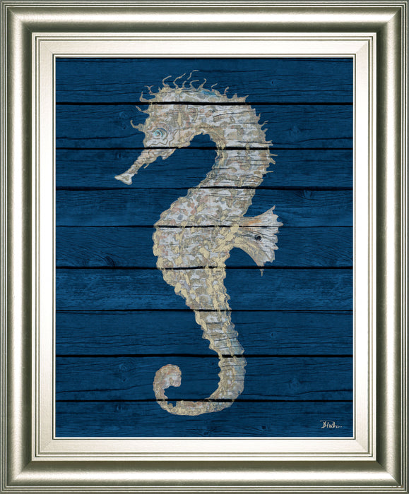 Antique Seahorse On Blue Il By Patricia Pinto - Framed Print Wall Art - Blue